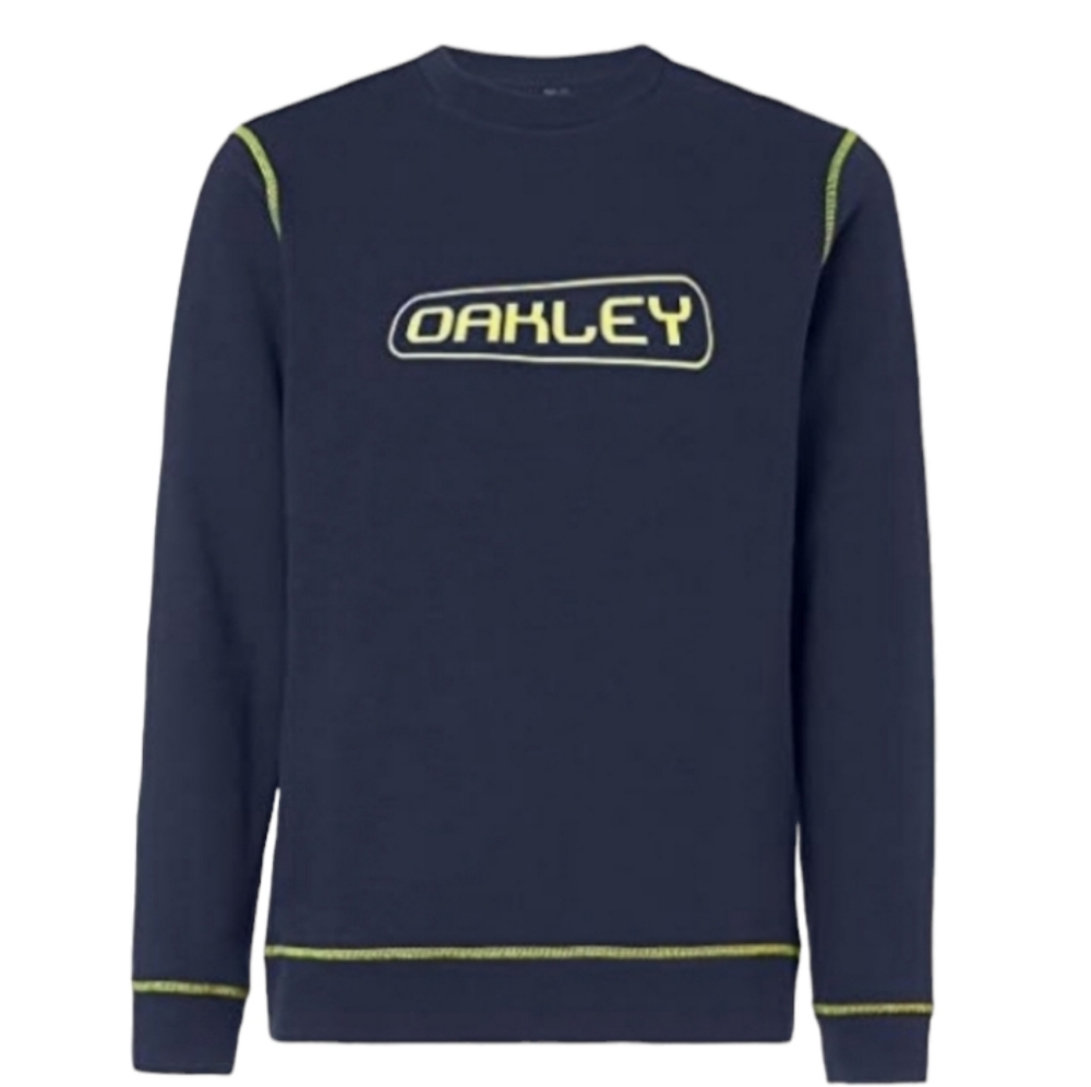 Oakley Men's Overlock Sweater 472546 Foggy Blue Yellow Stitching Pullover Large